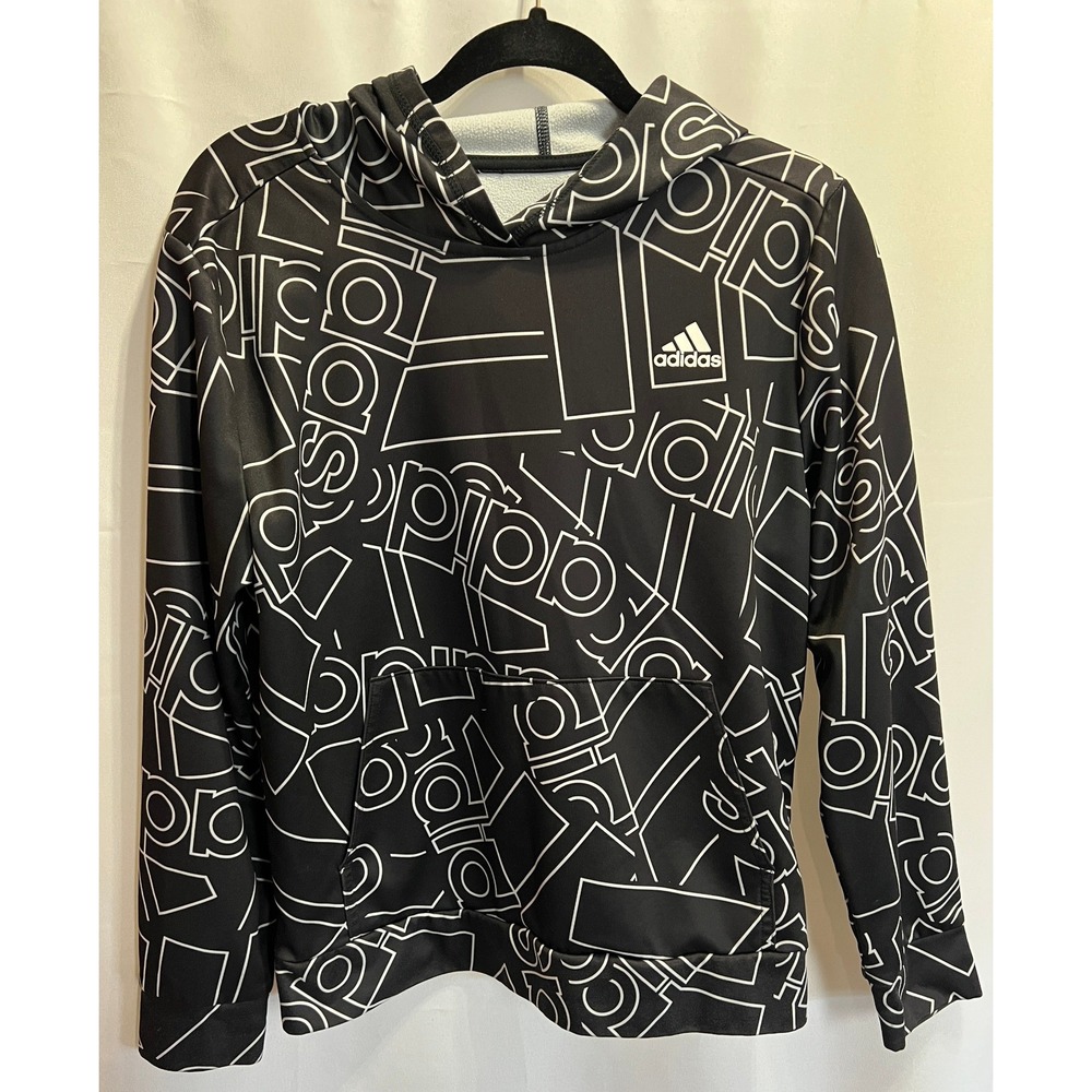 Adidas Kids All Over Print Logo Hoodie Black White Graphic Sweatshirt L No Tags